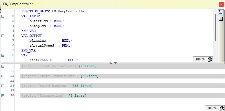 FB_PumpController with regions collapsed — the TOC fold view