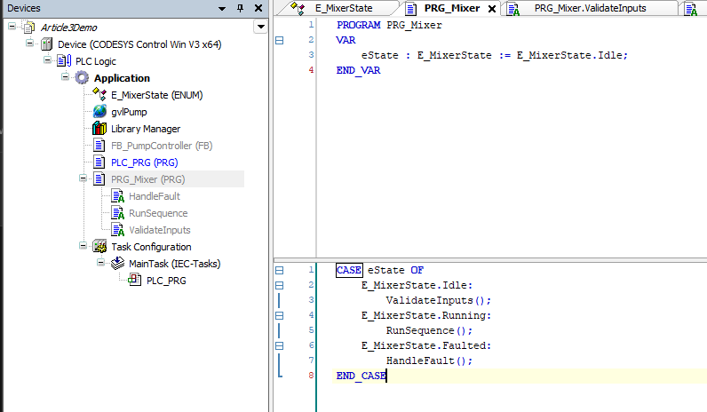 Project tree showing PRG_Mixer with three Actions as children