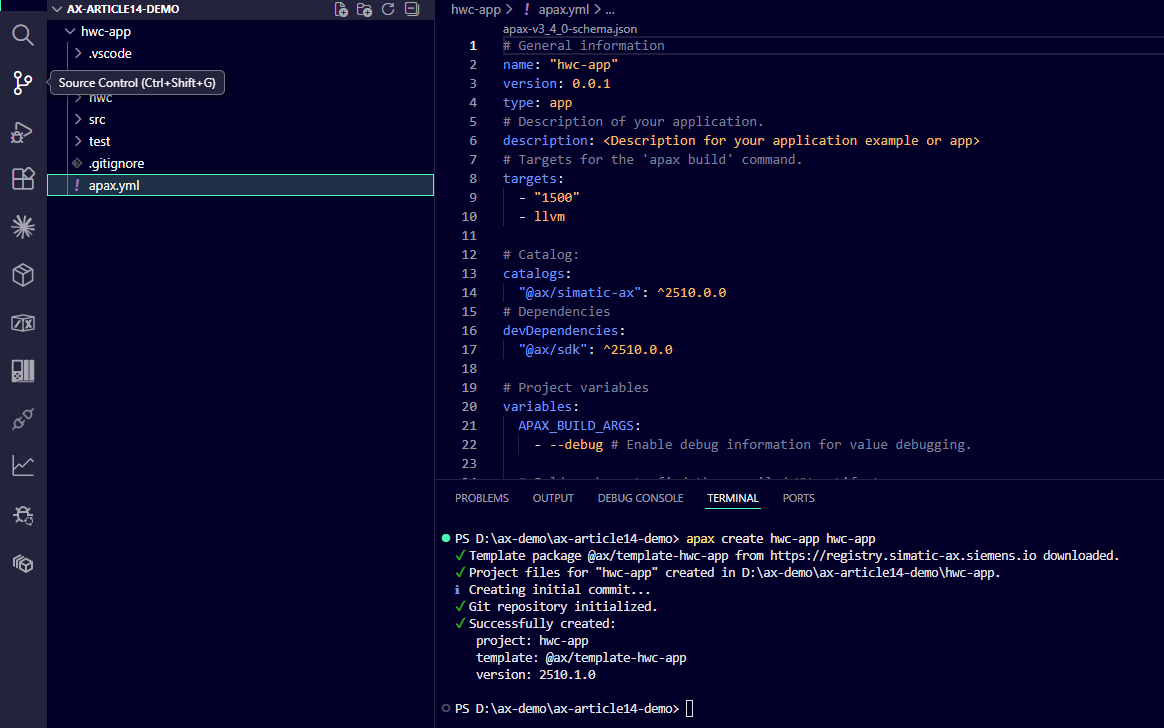 Terminal output of apax create hwc-app showing scaffolded folder tree