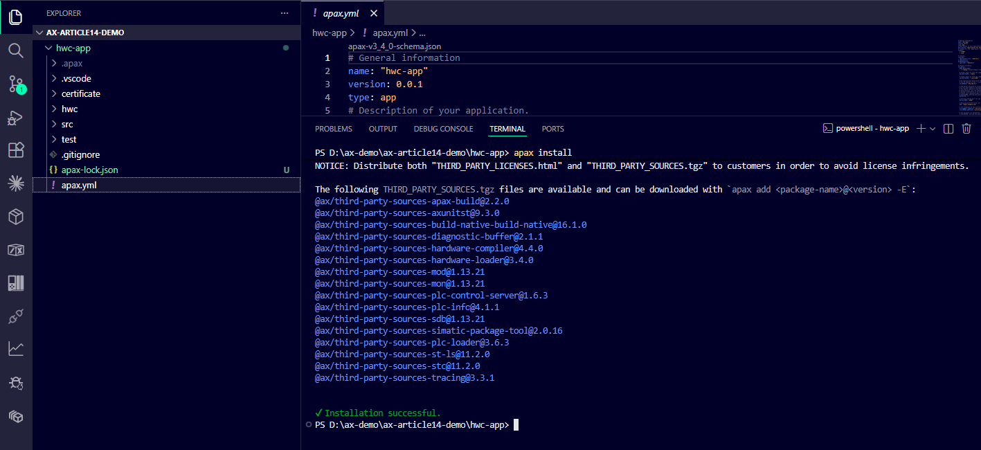 Terminal output of apax install showing package resolution and .apax/ cache population