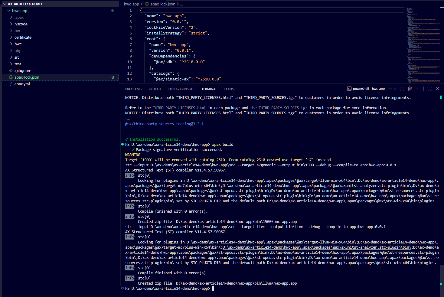 Terminal output of apax build showing Compile finished with 0 errors