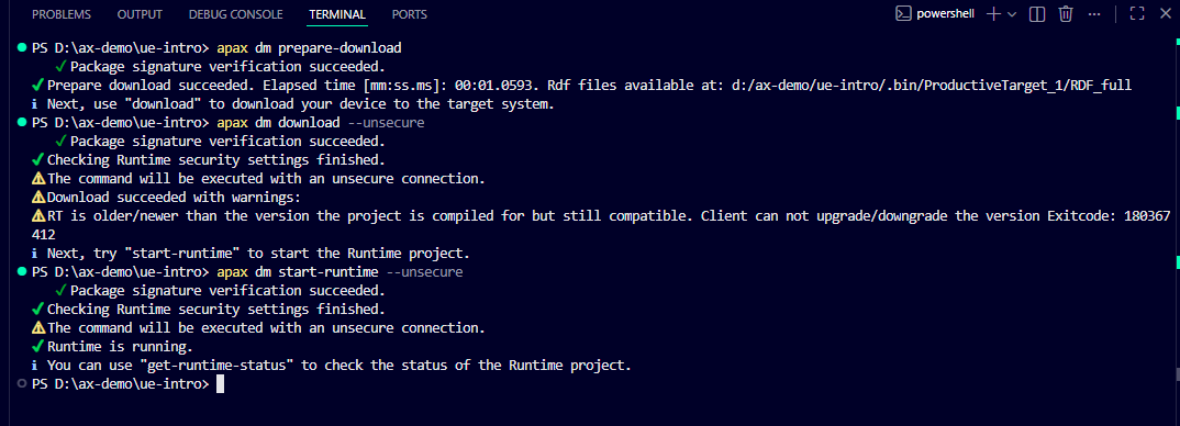 Terminal output of the full apax dm prepare-download download start-runtime sequence