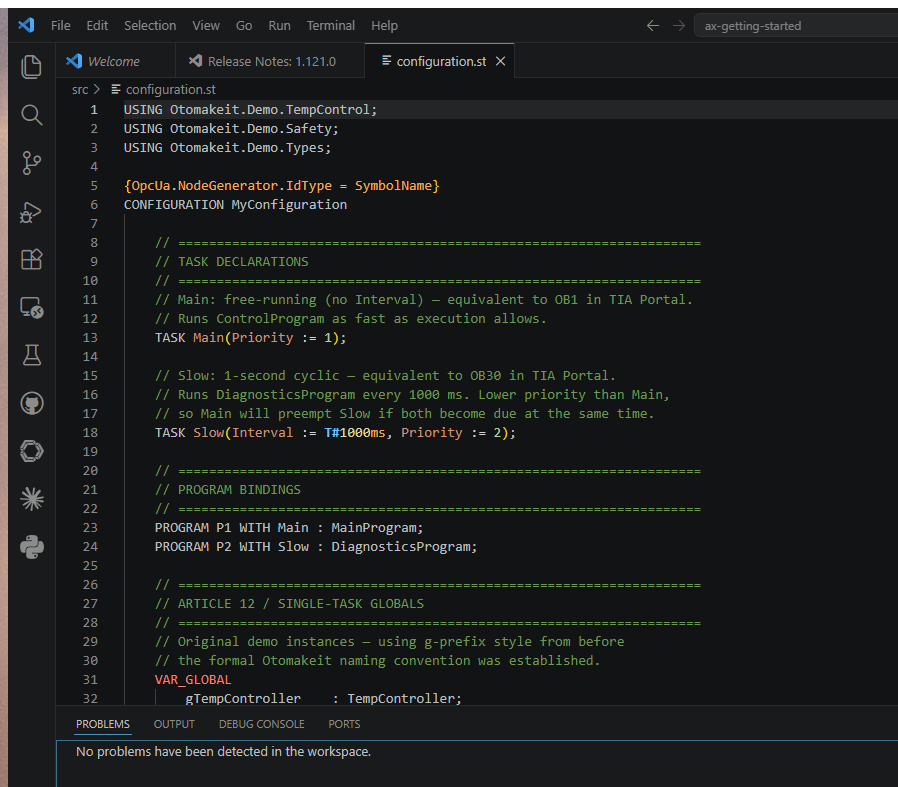 VS Code showing the full extended configuration.st file with four VAR_GLOBAL blocks for single-task legacy globals and multi-task additions