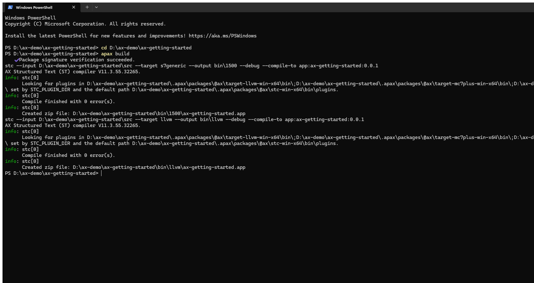 Terminal output showing apax build completing with 0 errors on both s7generic and llvm targets