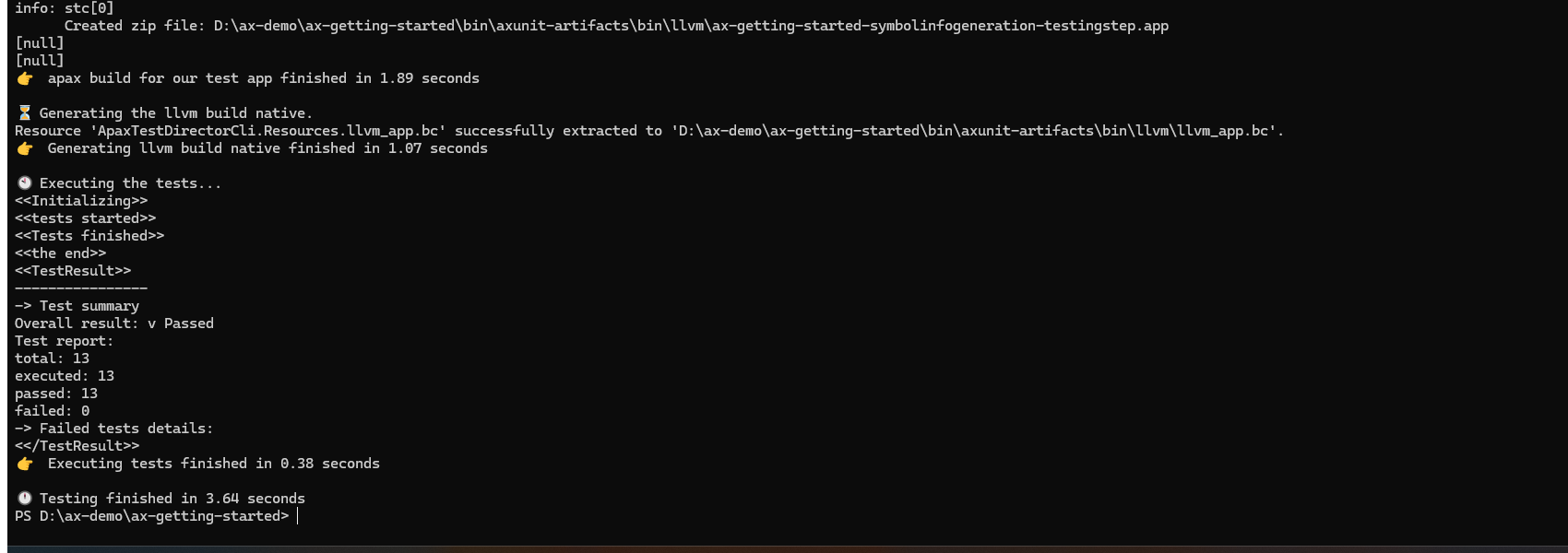Terminal output showing apax test passing 13 of 13 unit tests after the multi-task extension