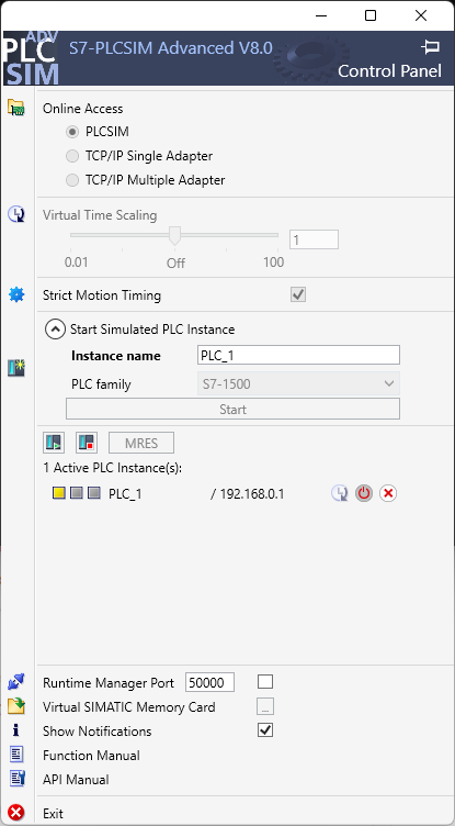 PLCSIM Advanced V8.0 showing PLC_1 active at IP 192.168.0.1 with the two-task project loaded and running