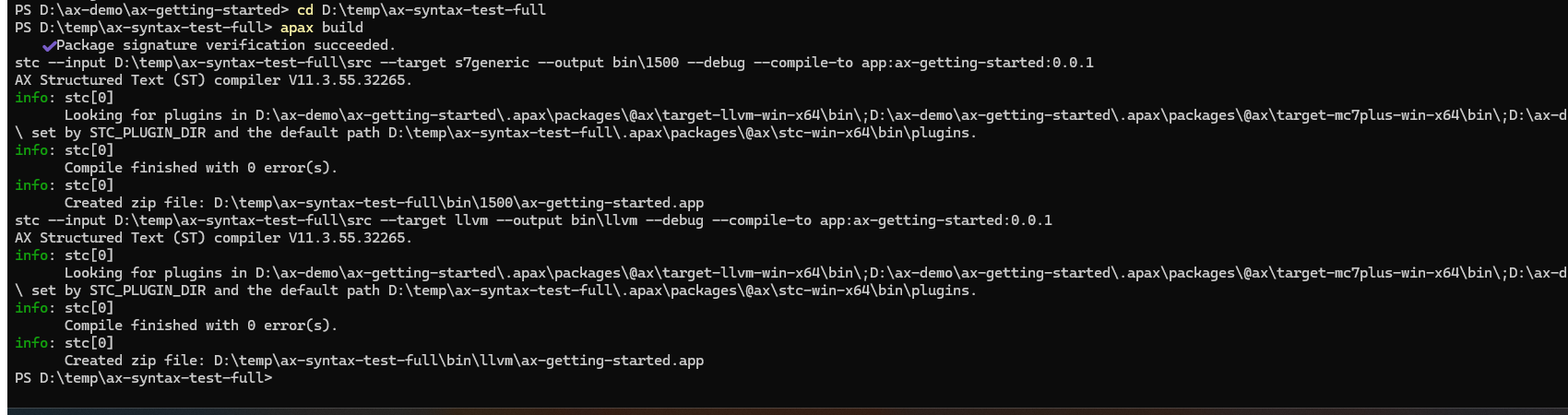 Terminal showing apax build with reversed-order Priority-before-Interval TASK declaration builds clean — 0 errors, 0 warnings on s7generic and llvm targets