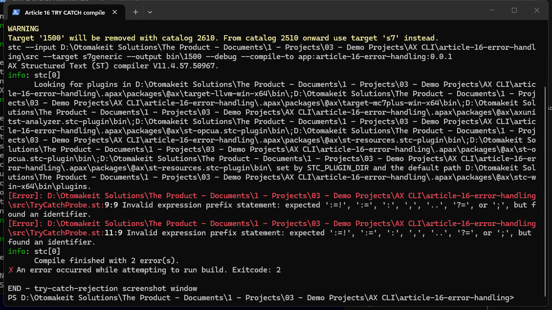 TRY/CATCH probe rejected by the current AX compiler