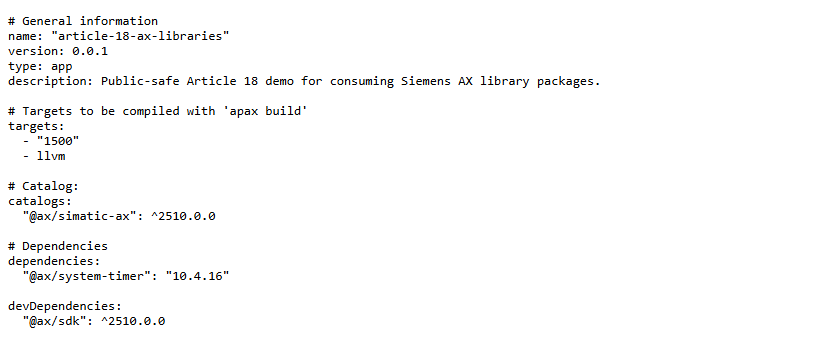 A cropped apax.yml source view showing the @ax/system-timer dependency and the AX catalog entry.