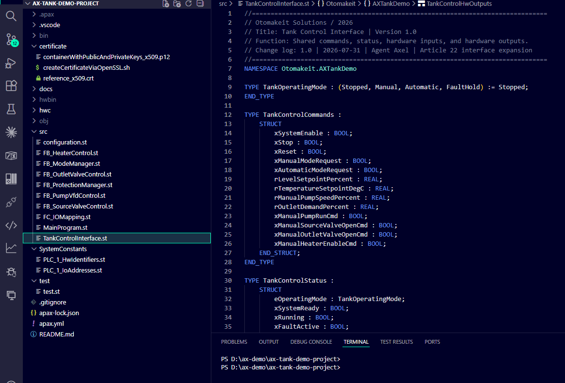 Completed SIMATIC AX tank-control source structure with the shared interface and implemented control blocks.