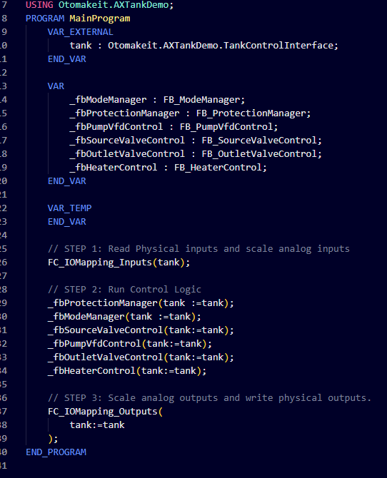 SIMATIC AX main scan with input mapping, protection-first equipment calls, and output mapping.