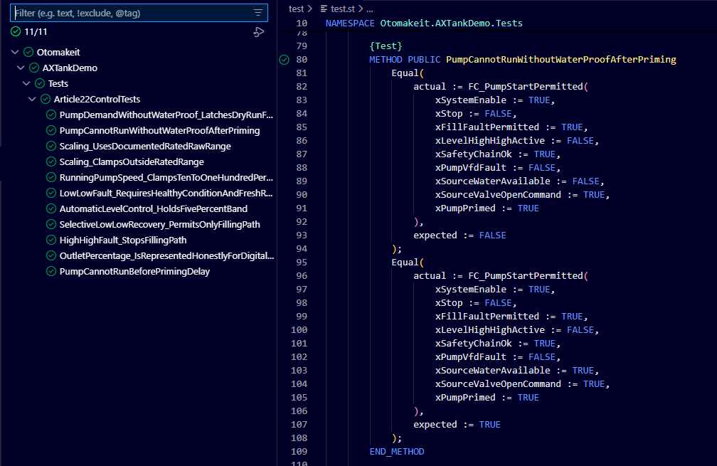 AxUnit test explorer showing all 11 Article 22 behavior tests passing.