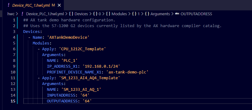 Figure 2. AX Code hardware YAML file for CPU 1212C and SM 1233 with input and output address 64.