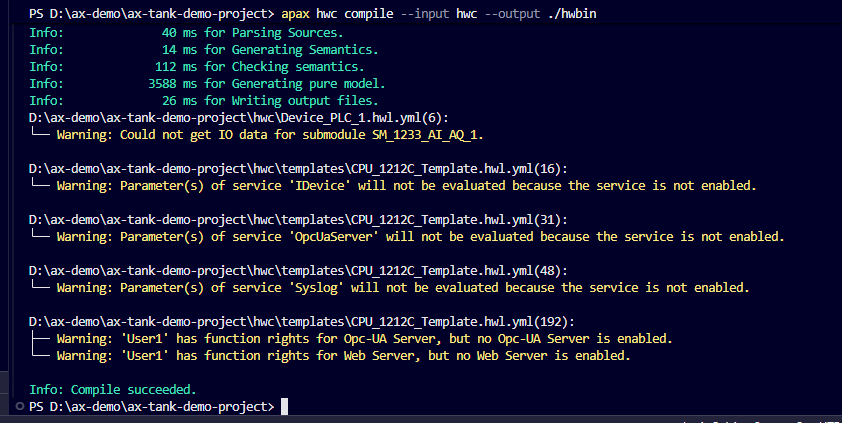 Figure 3. Terminal output from SIMATIC AX hardware compiler ending with Compile succeeded.