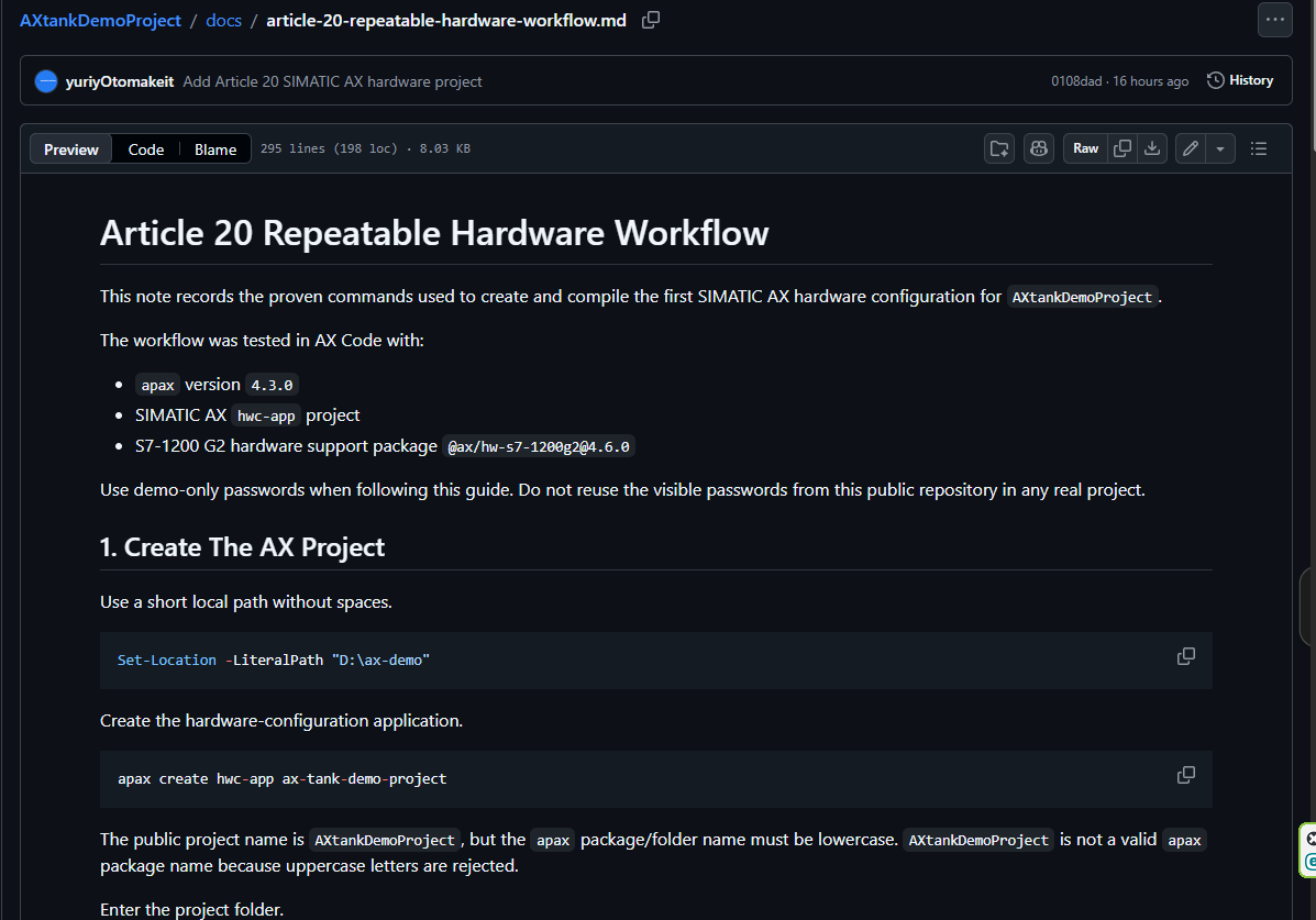 Figure 5. GitHub page showing Article 20 repeatable hardware workflow for AXtankDemoProject.