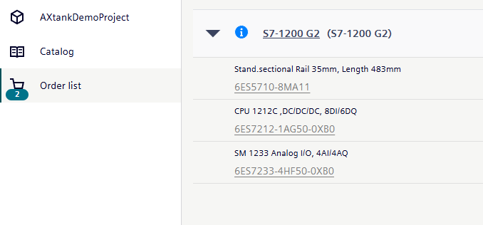 Figure 1. TIA Selection Tool order list for AXtankDemoProject showing CPU 1212C and SM 1233 analog module.