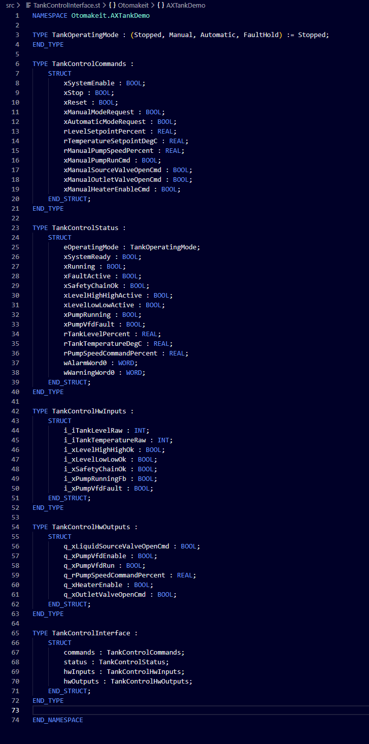 Structured Text definitions for the tank command, status, hardware-input, and hardware-output types composed into TankControlInterface.