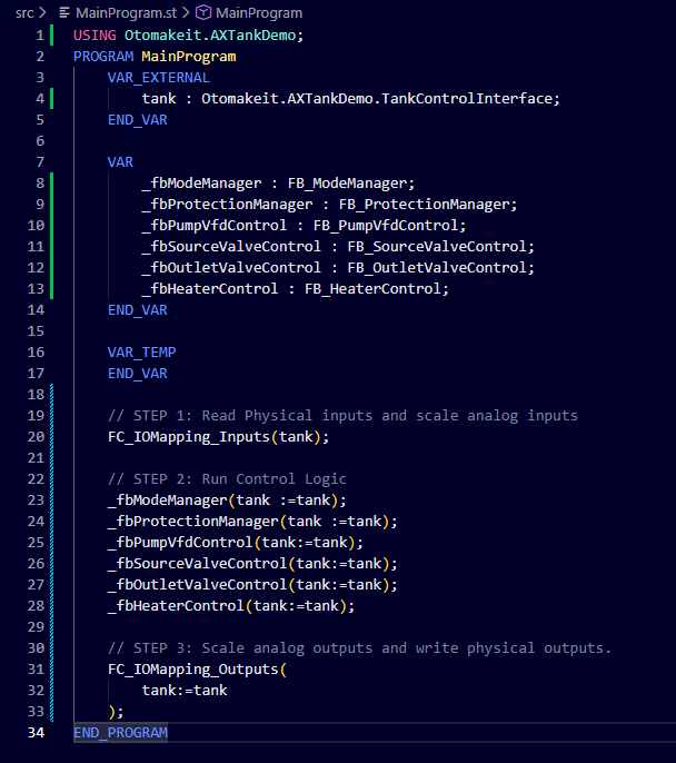 SIMATIC AX MainProgram declaring the shared tank variable and six function block instances, followed by the three-step scan call order.
