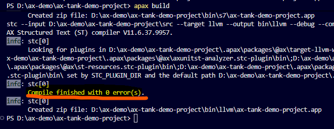 SIMATIC AX build summary showing the LLVM Structured Text compiler finished with zero errors.