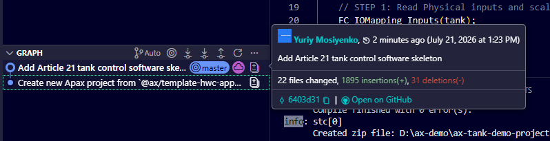 Git graph and commit details for 6403d31, Add Article 21 tank control software skeleton, on the master branch.