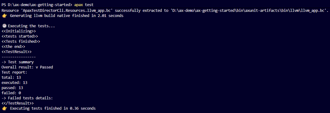 Terminal output: apax build reports &ldquo;Compile finished with 0 error(s)&rdquo; and apax test reports &ldquo;passed: 13 failed: 0&rdquo;.