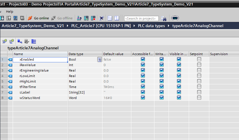 Figure 1. typeArticle7AnalogChannel is a PLC data type in TIA Portal V21. The editor shows how one named type can group related values with explicit elementary types before that shape is reused in DBs, tags, or block interfaces.