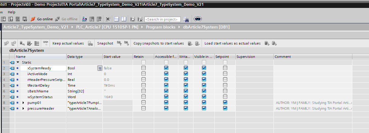 Figure 3. TIA Portal V21 DB editor for dbArticle7System, showing pump01 declared as typeArticle7PumpInterface and pressureHeader declared as typeArticle7AnalogChannel.