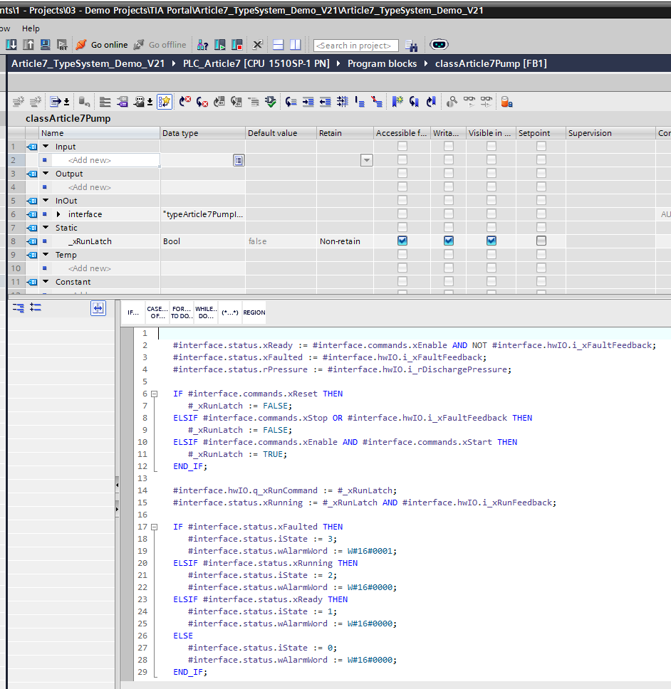 Figure 4. TIA Portal V21 SCL editor for classArticle7Pump, showing structured access through #interface.commands, #interface.status, and #interface.hwIO.