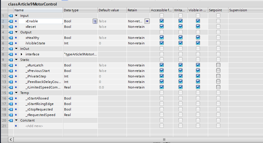 Figure 1. TIA Portal V21 demo FB showing Input, Output, InOut, and Static sections in the block interface.