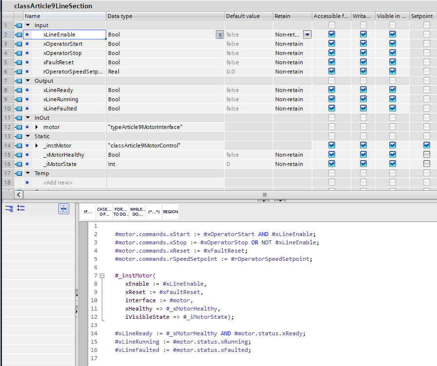 Figure 3. Parent FB calling the motor FB through a compact visible interface.