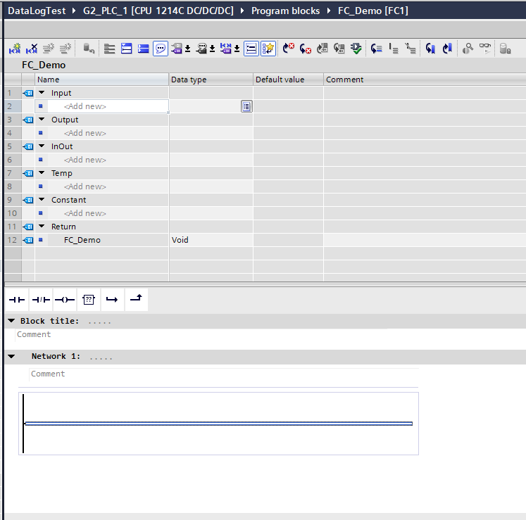 FC block editor interface in TIA Portal — Input, Output, InOut, Temp, Constant, Return sections visible