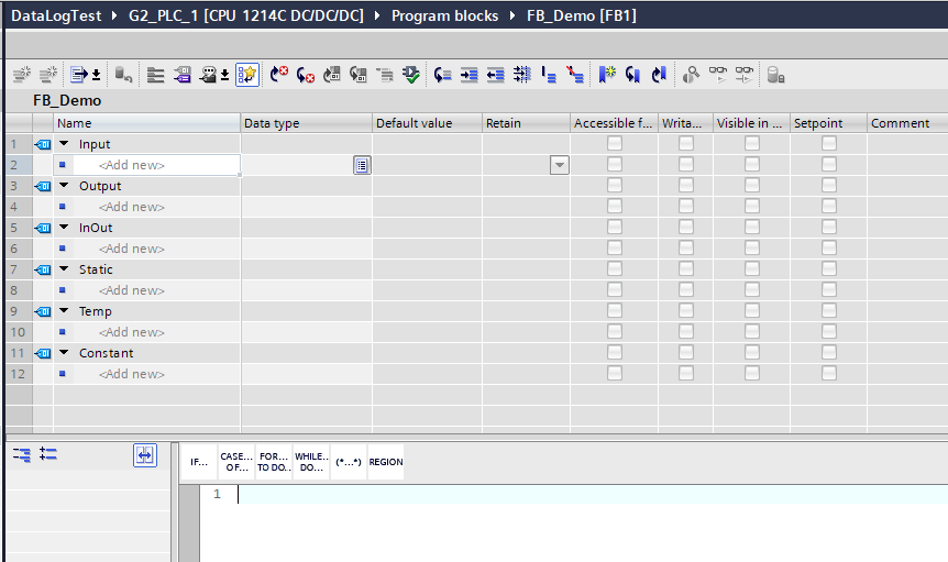 FB interface in TIA Portal showing the Static section