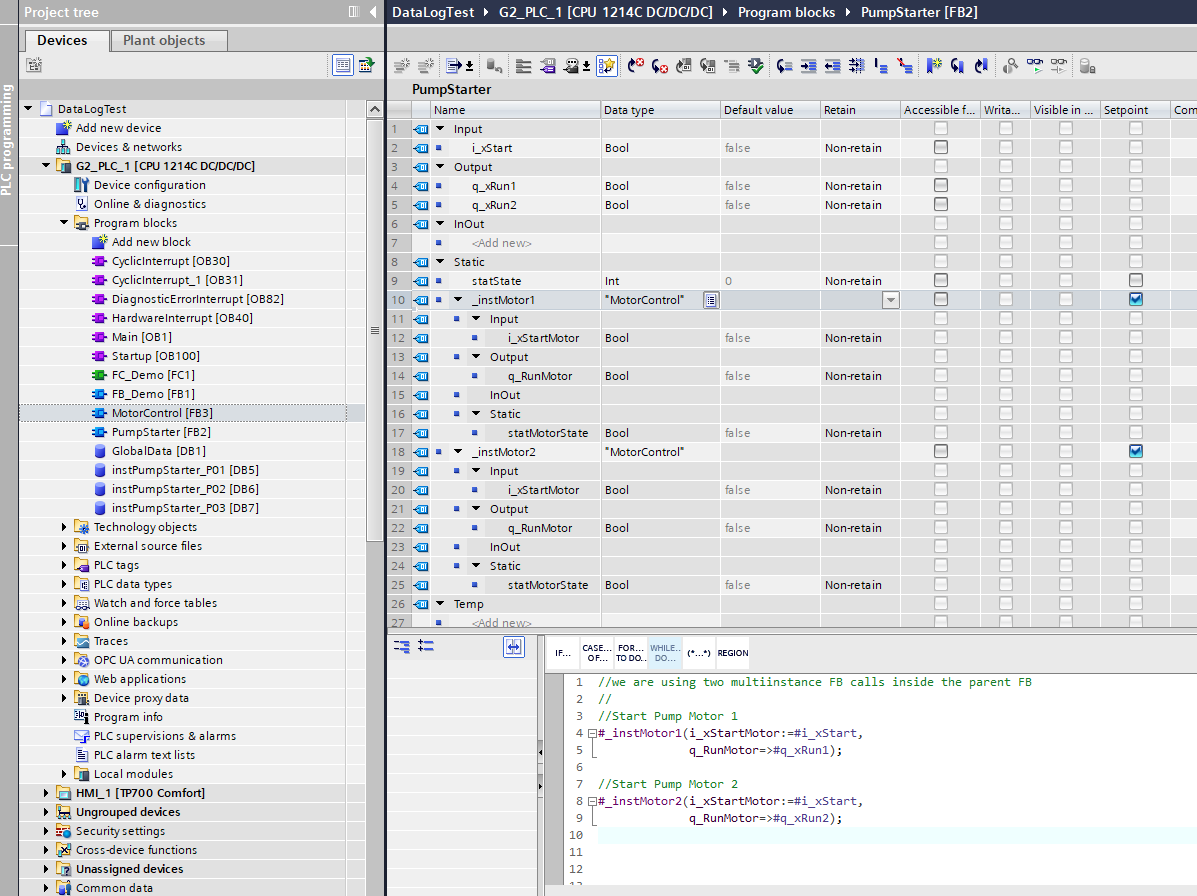 Parent FB’s Static section showing two motor multi-instances and the SCL call site