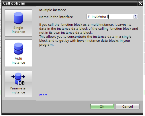 Call options dialog in TIA Portal — Multi-instance selected with name #_instMotor1