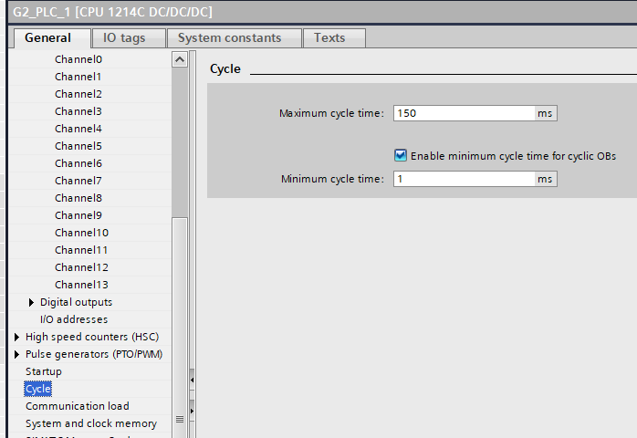 CPU cycle-time properties dialog showing minimum cycle time and watchdog settings