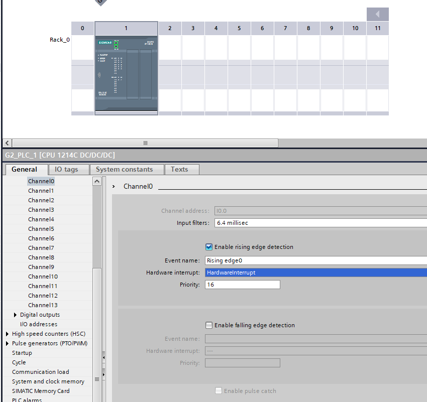 Digital input channel configuration with hardware interrupt OB assignment