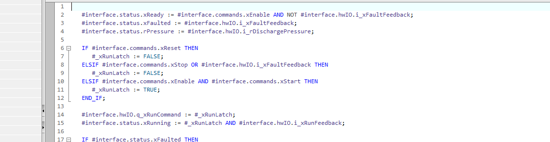Figure 2. SCL code using the interface UDT through #interface.commands, #interface.status, and #interface.hwIO, while private Static state stays inside the function block.