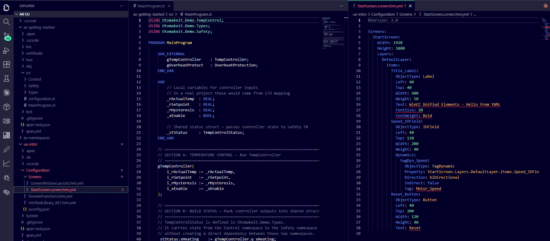 AX Code IDE showing both the PLC project and the HMI project side-by-side in the file explorer.
