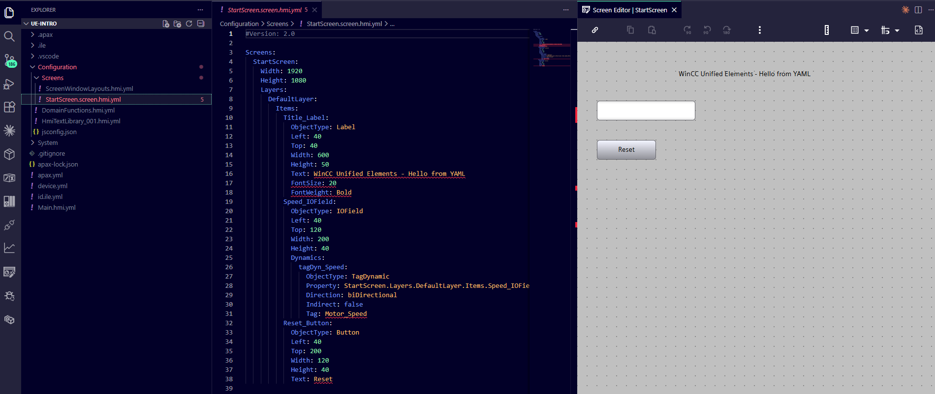 The Screen Editor and the underlying YAML file side-by-side — both views edit the same source.